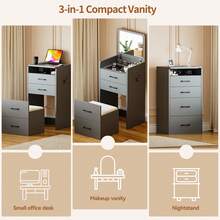 HNEBC 3-In-1 Vanity Desk With Flip Mirror, Makeup Vanity With Drawers & Stool, Compact Vanity Desk For Bedroom, Multi-Function Dresser For Women, Girls - Xám - Xem 4