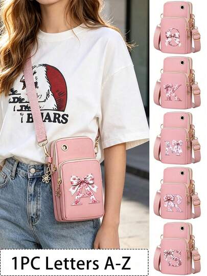1pc Pink Bow Letter Pattern Pink Crossbody Bag, Mini Outdoor Sports Handbag Wallet With Earphone Hole, Adjustable Strap,Multi Zipper Upright Wallet, Mobile Phone Bag, Arm Bag, Coin Wallet Holder, Shoulder Bag, Women'S Crossbody Bag,Outdoor Sports Arm With Wallet For Running, Hiking, And Cycling, Ideal Gift For Friends, Loved Ones, Family, Mother'S Day, Independence Day, Wedding, Graduation