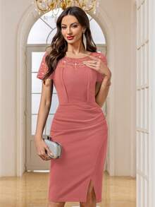 MIUSOL Vintage Sequin Floral Lace Wrap Hem Cocktail Party Bodycon Dress,Summer Dress,Office Wear For Women Elegant - Dusty Pink - View 7