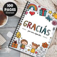 1pc Cute Hand-Drawn Spiral Notebook, "GRACIÁS" Cover Text With Adorable Patterns, Warm And Suitable For Learning, Journaling, Daily Planning. Great Gift For Graduation, Birthday, Work, School Use. 100 Pages/50 Sheets, Very Practical. - F - View 3