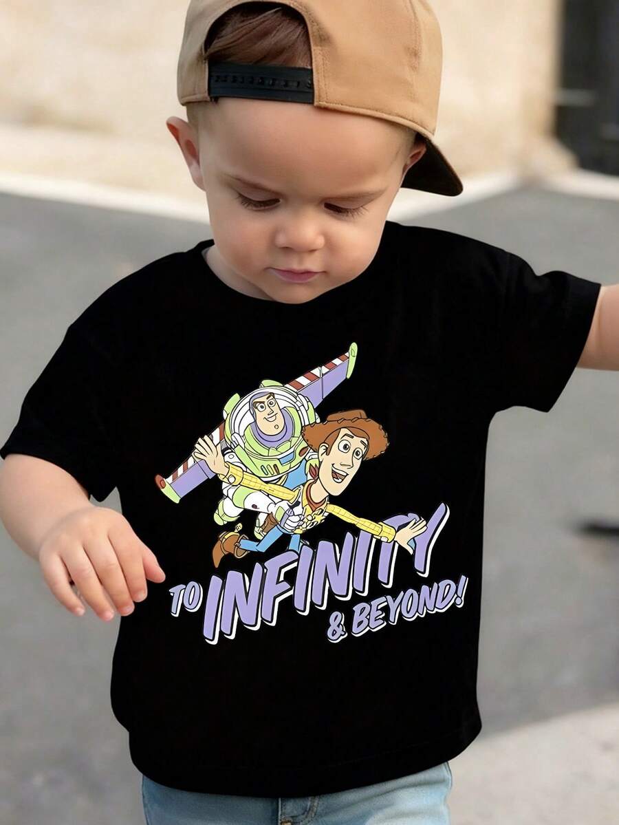 Disney-White Background Toy Story Buzz Lightyear And Woody To Infinity And Beyond Print Kids' Short Sleeve T-Shirt - Playful And Adventure Style Top - màu đen - Xem 1