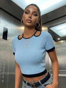 Polo femme décontracté de couleur unie, design avec bordure de couleur contrastée, Top d'été, tenue de vacances, Maia - Bleu ciel - Voir 2