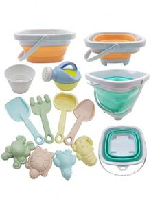 9pcs Foldable Beach Toy Set, Including Foldable Beach Bucket & Shovel, With Mesh Storage Bag And Sand Castle Building Tools. Suitable For Outdoor Beach, Swimming Pool, Parent-Child Interaction. Note: Due To Different Production Batches, Accessory Colors Will Be Randomly Shipped. - Multicolor - View 9