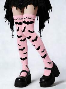 Élanzette 1 Pair Pink Thigh High Socks, Gothic Bat Design Over-The-Knee Long Socks, Street Fashion For Women, Comfortable Summer Outfit - Multicolor - View 7