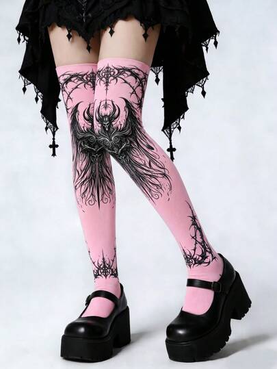 1 par de medias altas rosas y 1 par de medias altas negras con diseño de demonio, estilo de moda callejera para mujer, atuendo cómodo de verano