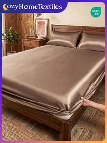 2/3 piezas Juego de ropa de cama de satén, incluye sábana ajustable y funda(s) de almohada, suave y cómodo, ropa de cama para dormitorio, 1 pieza Protector de colchón con 1/2 piezas funda(s) de almohada, ultra suave, ligero y transpirable, lavable a máquina, se ajusta a camas individuales, dobles, queen, king, certificado Oeko-Tex - Camel - Ver 2
