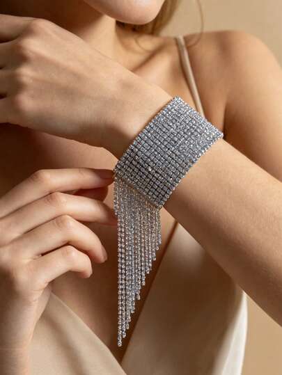 1pc Fashionable & Elegant Women's Bling Tassel Bracelet, Crystal Beaded Jewelry Accessory For Bride Wedding