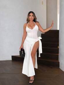 Set de 2 piezas con textura de lino, con cuello de corbata y dobladillo ajustado, para el verano y la playa - Blanco - Ver 1