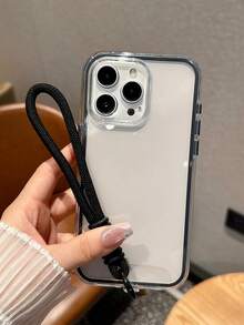 Shock-Proof & Anti-Fall Minimalist Transparent Solid Color Frame 2-In-1 Phone Case With Wrist Strap, Compatible With IPhone 11, 12, 12 Pro, 12 Pro Max, 13, 14, 13 Pro Max, 14 Pro Max, 15 Pro, 15 Pro Max, 16, 16 Pro, 16 Plus, 16 Pro Max, 17, 17 Pro, 17 Air, 17 Pro Max - Black - View 3