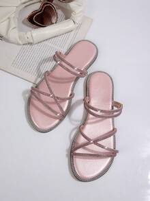 Sandal đế bệt kiểu dáng tối giản, nhẹ nhàng, mũi tròn, quai chéo, màu trơn, đính đá pha lê, thích hợp cho nữ mùa hè, phù hợp với váy, kiểu dáng cổ tích, có thể mang theo hai kiểu. - Màu Hồng baby - Xem 6