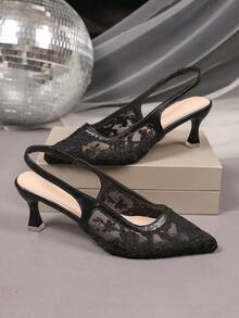 1 Pair Plus Size Closed Toe High Heel Sandals, Soft Breathable Mesh Embroidered Fabric, Pointed Toe Stiletto Heel, Elevated Back Heel, Slip-On Design, Fashionable Elegant Style, Work Wedge Sandals, Suitable For Parties, Shopping, Travel, Vacation, Outdoor Wear (Runs Large) - Black - View 5