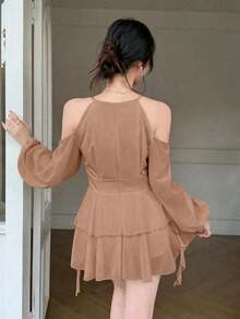 Vestido casual de mujer de unicolor elegante con mangas farol y hombros descubiertos - Caqui - Ver 2