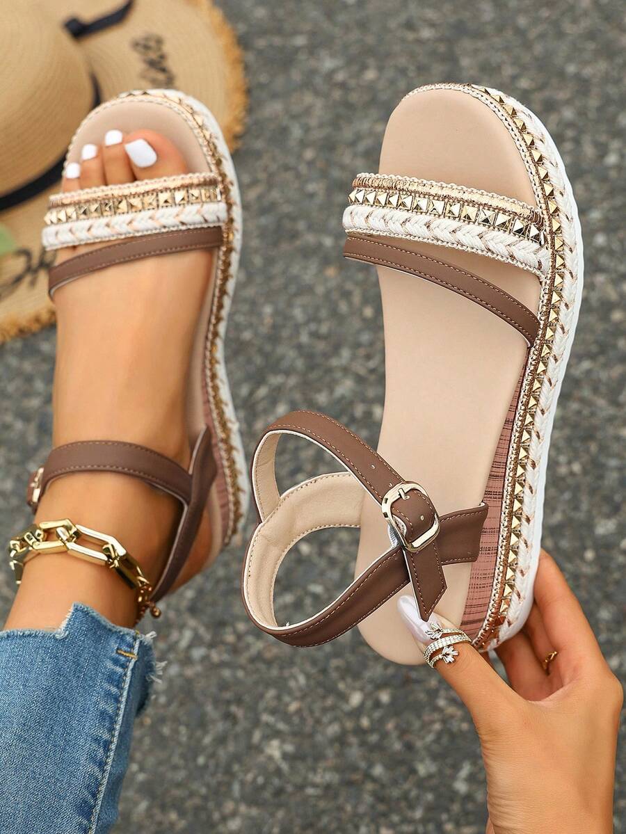 Summer Formal Thick Sole Beach Wedge Sandals, Bohemian Style Rivet Open Toe Ankle Strap Design, Breathable Comfortable Casual Elegant Flat Shoes - Brown - View 1