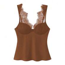 2026 New Elegant Spaghetti Strap Sexy Contrast Lace Sleeveless Fitted Vintage Tank Top, Fashionable Street Style Clothing For Women Casual Summer - Rust Brown - View 1