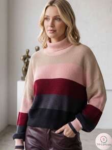 Women's Striped Knit Turtleneck Blouse, Elegant Ribbed Knit, Winter Fashion - 棕色/米色/綠色/沙色 - 查看 5