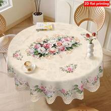 1pc Rectangular/Oval/Round Vintage Rose Print Tablecloth, Floral Lace Trim Polyester Fabric, Home Decor, Wedding Decorations, Table Cloth - Multicolor - View 4
