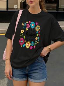 Camiseta Negra con Estampado Floral y Texto La Mejor Mama del Mundo para Mujer Casual - Negro - Ver 1
