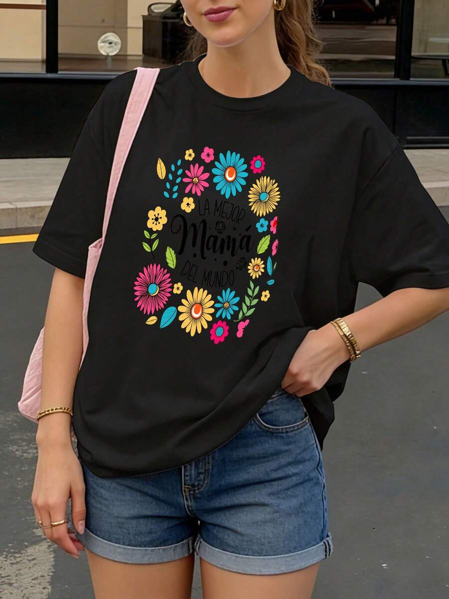 Camiseta Negra con Estampado Floral y Texto La Mejor Mama del Mundo para Mujer Casual - Negro - Ver 1