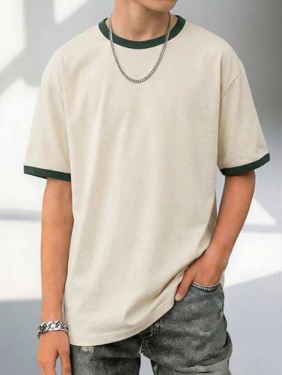 1pc Boys' Summer New Contrast Trim Round Neck Short Sleeve T-Shirt, Apricot Patchwork Green Retro Ringer Design, Loose Fit, Soft Breathable Fabric, Versatile All-Match Top, Essential For Campus & Casual Wear