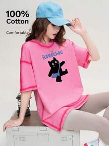 JUTU Spring/Summer Loose Round Neck Letter & Cartoon Cat Print Women's Knitted Loose Pink Striped 100% Cotton Casual Graphic Tee, Streetwear - 469 Pink-yH862 - View 3