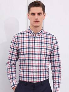 Audmroton Men's Long Sleeve Oxford Button Down Shirts Casual Dress Shirt For Men,100% Cotton,Plaid/Stripes Shirts - 紅色 - 查看 1