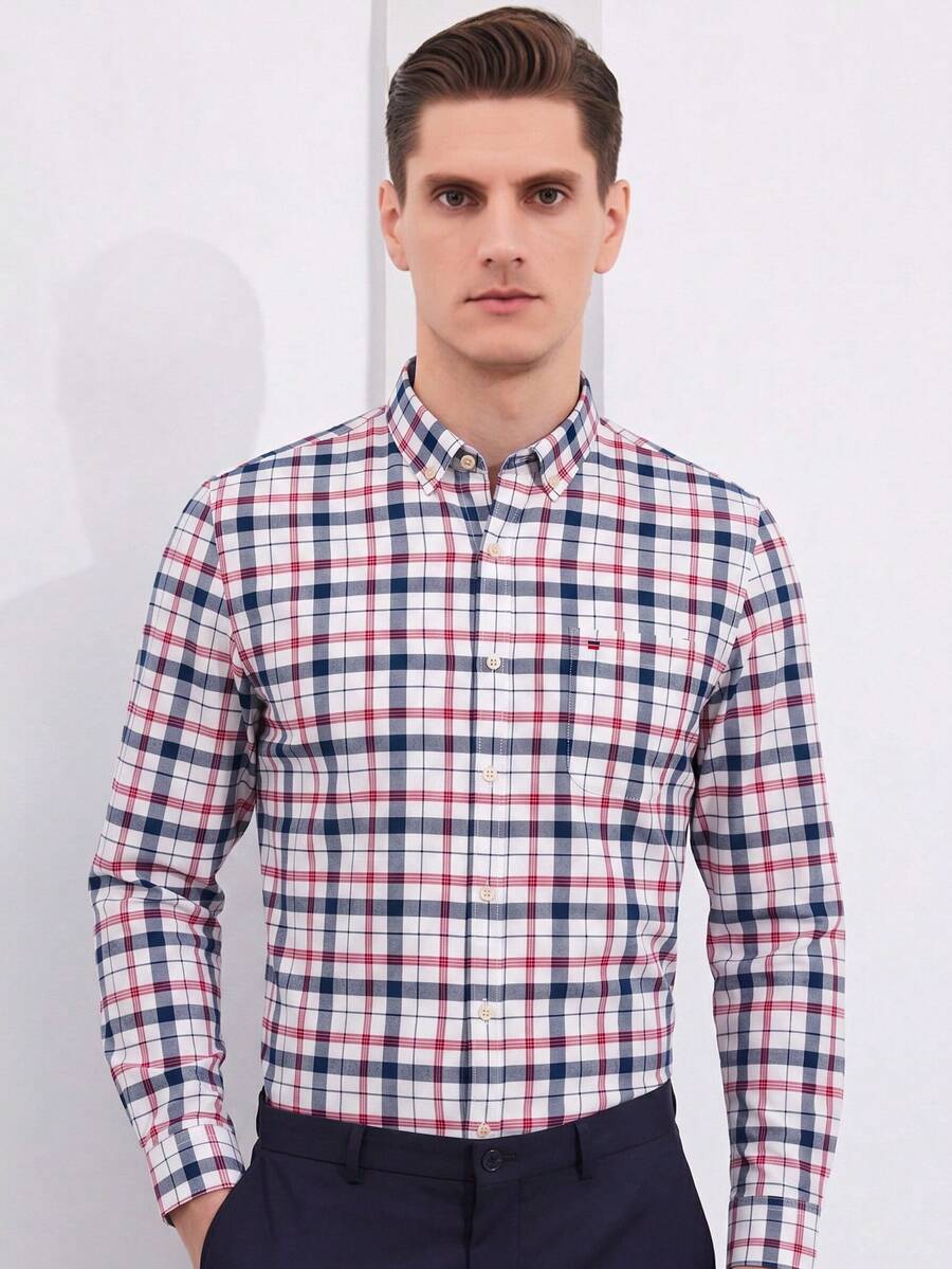 Audmroton Men's Long Sleeve Oxford Button Down Shirts Casual Dress Shirt For Men,100% Cotton,Plaid/Stripes Shirts - 紅色 - 查看 1