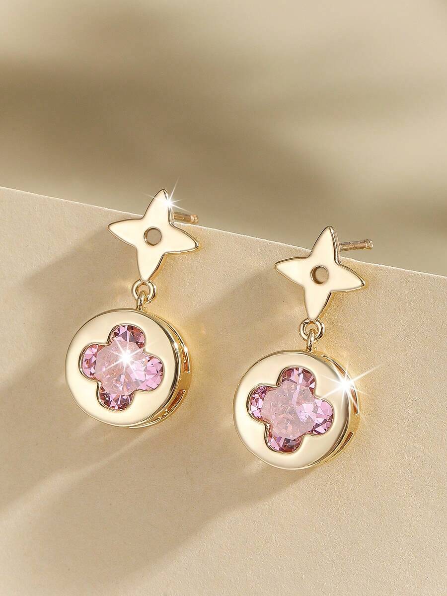 2 đôi bông tai hình cỏ bốn lá vuông tối giản thời trang đính đá Cubic Zirconia, thích hợp để đeo hàng ngày, đi chơi, hẹn hò hoặc làm quà tặng. - Nhiều màu - Xem 1
