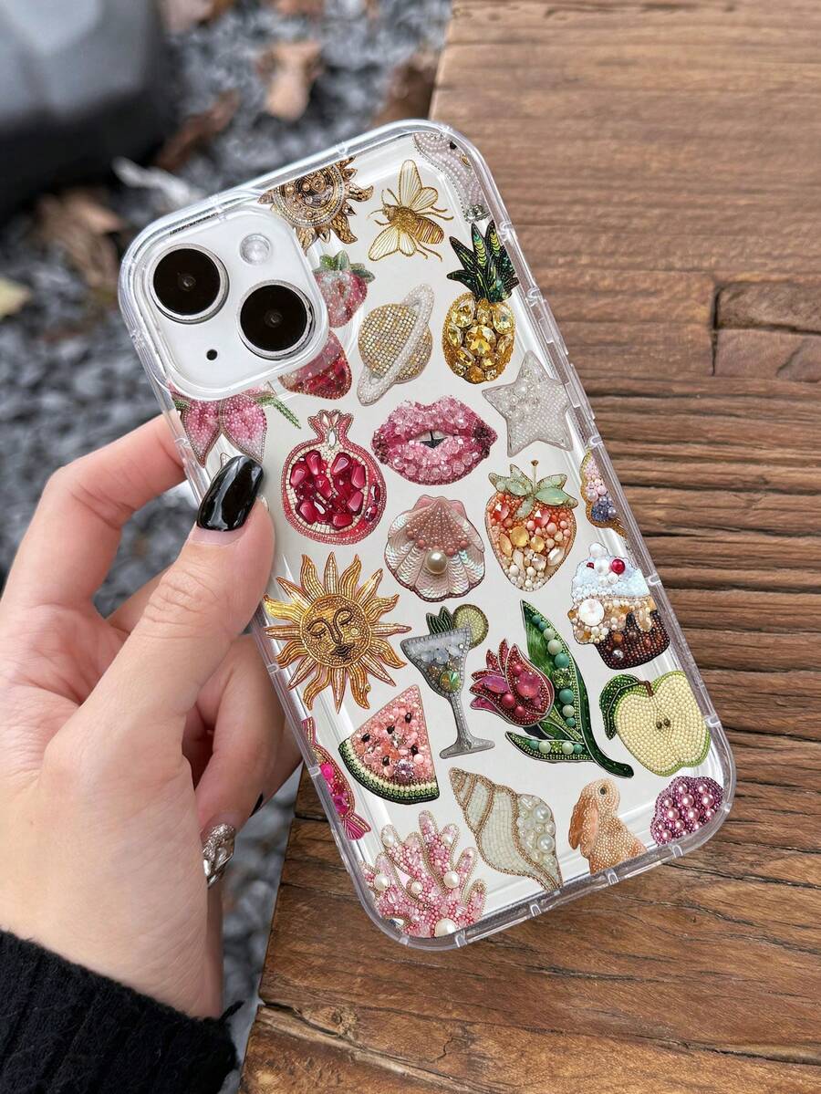 1pc Airbag Bead Embroidered Pomegranate Lip Pattern Full Coverage TPU Shockproof Phone Case Compatible With Apple 16, 15, 14, 13, 12, 11 Pro Max, Series - Multicolor - View 1