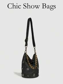Sac seau à clous design de niche, sac à bandoulière effet denim d'été, nouveau sac à bandoulière polyvalent de style chinois à la mode pour le travail, les déplacements et les sorties décontracté pour femmes - Noir - Voir 3