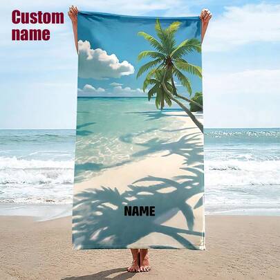 Toalla de playa personalizada con texto personalizado - Diseño vibrante de palmeras y árboles de coco, de poliéster con bajo pilling, ideal para piscina, camping y viajes, lavable a máquina, toalla de playa personalizada, toalla multiusos con estampado de moda, regalo personalizado y pensativo para familia, parientes y amigos