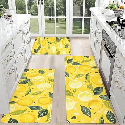 Vibrant Lemon Pattern Kitchen Mat With Whimsical Hand-Drawn Design, Cheerful Yellow Background, Perfect For Home Decor In Kitchens And Dining Areas