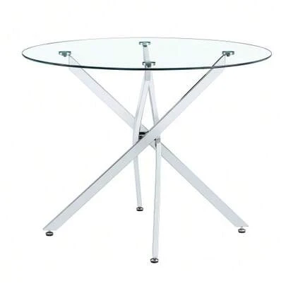A Luxurious Yet Lightweight Round Dining Table, 88 Cm In Diameter. A Simple Table With A Tempered Glass Top And Silver Metal Frame, Ideal For Small Apartments, Homes, And Dining Rooms. Seats 2-4 People.