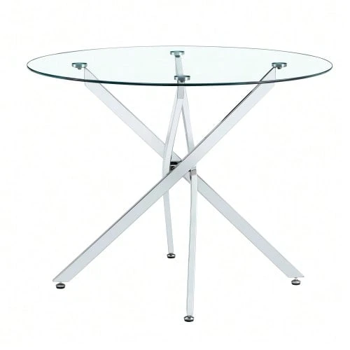A Luxurious Yet Lightweight Round Dining Table, 88 Cm In Diameter. A Simple Table With A Tempered Glass Top And Silver Metal Frame, Ideal For Small Apartments, Homes, And Dining Rooms. Seats 2-4 People. - 銀色 - 查看 1