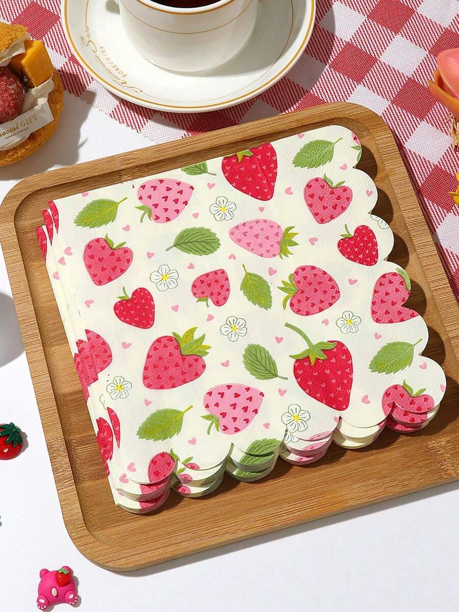 20pcs/Set Strawberry Patterned Soft And Absorbent Two-Layer Napkins - For Weddings, Birthdays, Garden Parties, Etc - For Restaurants, Kitchens, And Coffee Shops - View 1