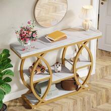 LITTLE TREE 39.4" Console Table, Industrial 4-Tier Sofa Table Entryway Table With Storage Shelves, Narrow Wood Accent Tables With Metal Frame For Small Spaces, Hallway, Foyer, White Gold - 白金 - 查看 8