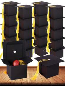 50/15 piezas/1 pieza Caja de dulces con forma de birrete de graduación, Suministros para fiesta de graduación 2025, Adecuado para regalos de fiesta de graduación - Caja negra + cuerda amarilla - Ver 2