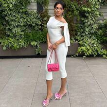 Women's Two Piece Set, One Shoulder Sleeveless Draped Top Leggings Elegant Party Going Out Outfit - 白色 - 查看 4