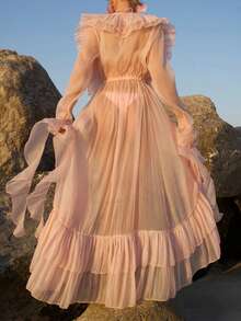 Lace Boho Long Duster Cardigans For Women Sheer Tie Front Ruffle Trim Chiffon Flowy Kimonos Layering Beach Cover Ups - Pink - View 2