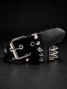 1pc Gothic Style Triple Row Rivet Spiked Women's Belt, Solid Color Punk PU Leather - Black - View 7