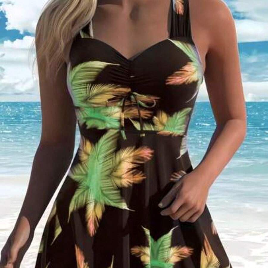 Women's Tropical Print Tankini Swimwear, Heart Neckline And Drawstring Details, Medium Stretch Fabric, Backless, Criss-Cross, Shorts Hem, Casual & Cute Style Vacation Beach Black Summer - Verde - Ver 1