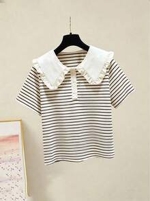 Girls' Ruffled Striped Short Sleeve Blouse, Sweet Back To School Shirt For Toddler & Big Girls - Coffee Brown - View 3
