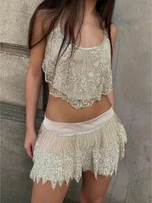 Falda Shorts Mujer con Lentejuelas y Flecos Brillante Mini Falda Rave Festival Disco Baile Club Fiesta Outfit - Blanco - Ver 2