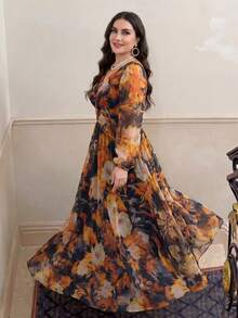 Elegant Plus Size Women's New Floral Print Long Sleeve Slimming A-Line Dress, All-Over Print, Casual Modest Elegant Spring - Mustard Yellow - View 3