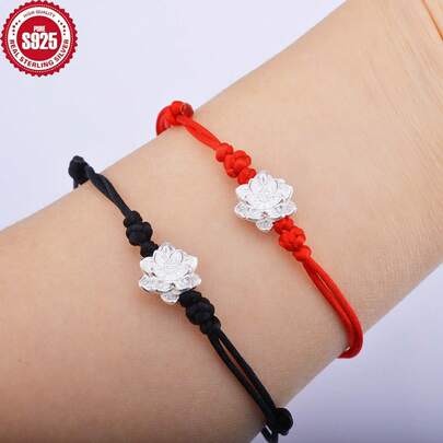 925纯银莲花幸运手链，手工串珠手链，吉祥幸运绳DIY