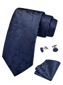 Bộ 1 cà vạt nam rộng 8cm màu xanh hải quân họa tiết jacquard, khăn cài túi áo và khuy măng sét, bộ cà vạt công sở cổ điển chất lượng cao, thích hợp làm quà tặng đám cưới, Giáng sinh, tiệc tùng. - Màu xanh hải quân - Xem 2
