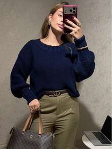 Women's Plain Basic Long-Sleeved Knit Blouse For Winter - Navy Blue - View 3