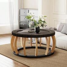 Vintage Round Coffee Table Made Of Rattan And Solid Wood, Boho Style Side Table With Curved Legs For Dining Room, Kitchen And Living Room, Natural Color. - 黑色 - 查看 3