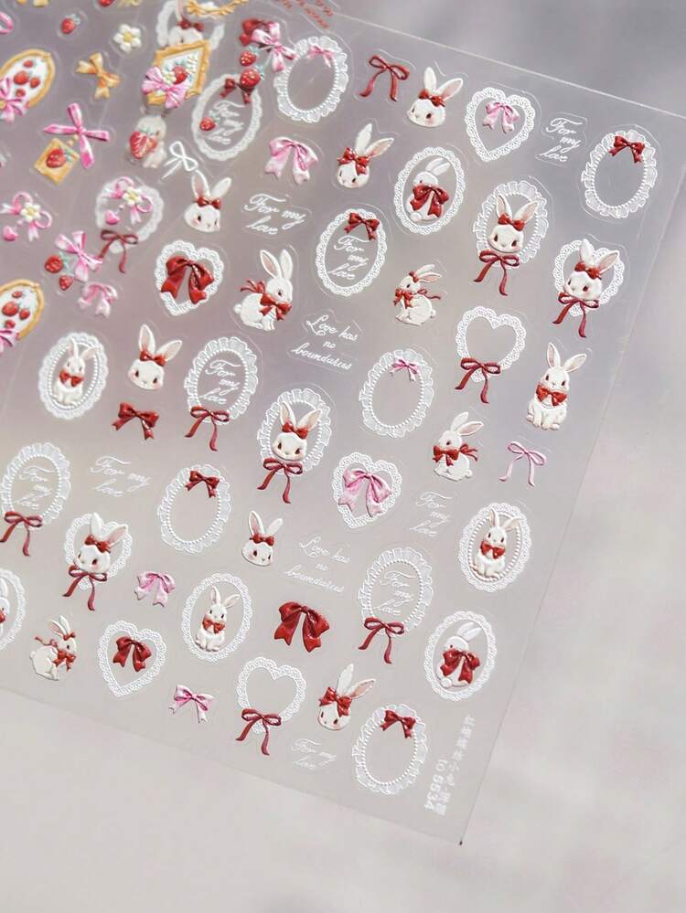 1片3D可爱兔子蝴蝶结美甲贴纸，红白蕾丝边框设计，自粘式美甲贴花，甜美女孩美甲，DIY美甲用品 - 彩色 - 查看 4