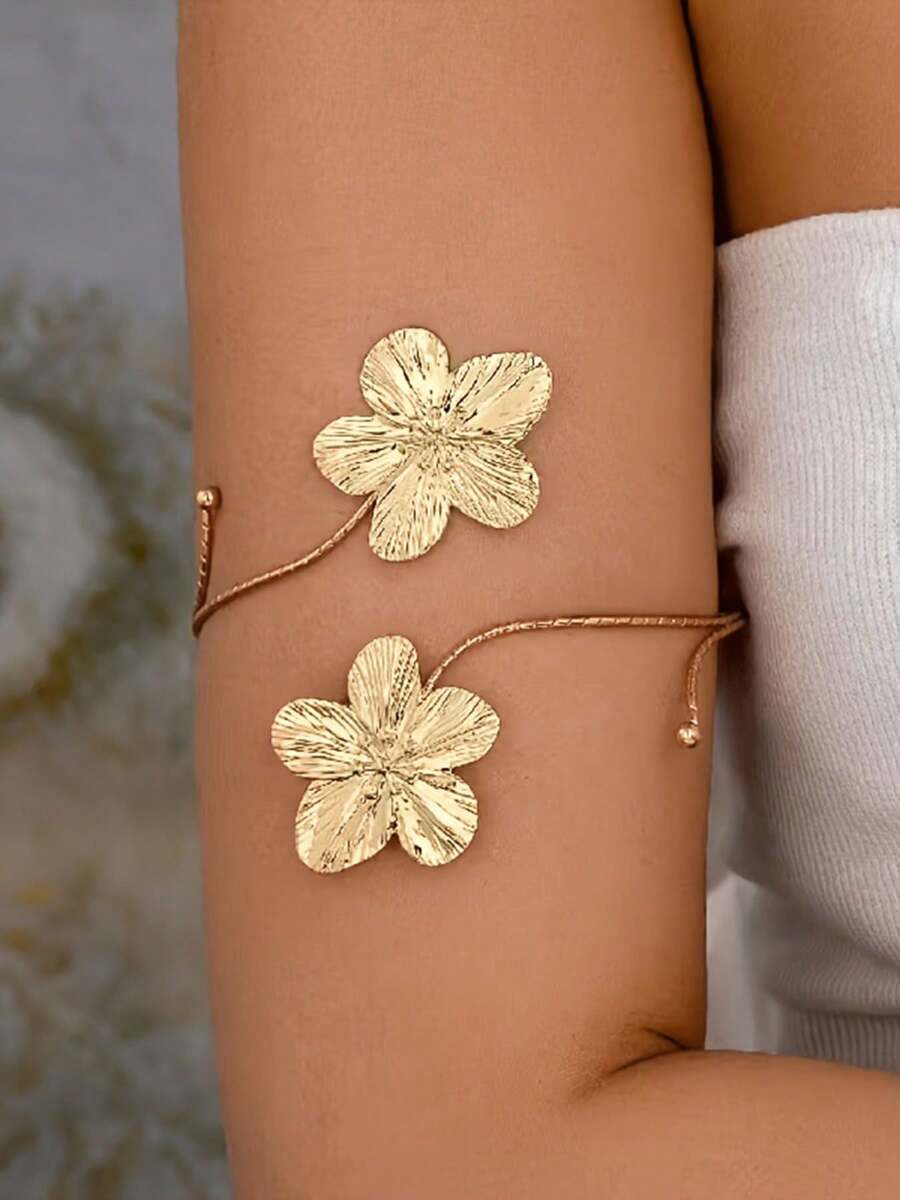 1pc Bohemian Style Exaggerated Floral Minimalist Vintage Metal Cuff Bracelet For Women, Suitable For Vacation, Daily Wear, And Gift - Flower Armband - View 1