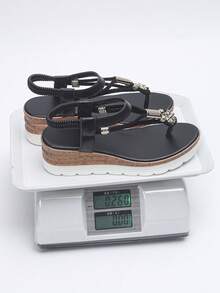 女士厚底凉鞋，尺码 36-43，夏季新款时尚休闲人字拖，坡跟，白色，日常简约一脚蹬，舒适，适合搭配连衣裙，海滩度假，波西米亚风黑色露趾优雅女士凉鞋，女士坡跟凉鞋 - 黑色 - 查看 9